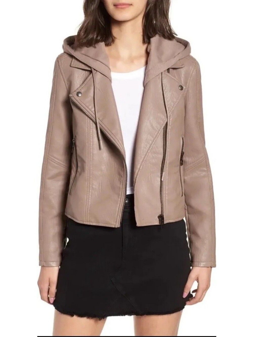BLANKNYC Meant to Be hooded leather jacket tan moto biker women's large L